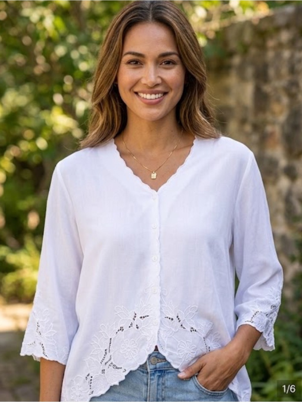 Novica White Embroidered Button-Front Blouse